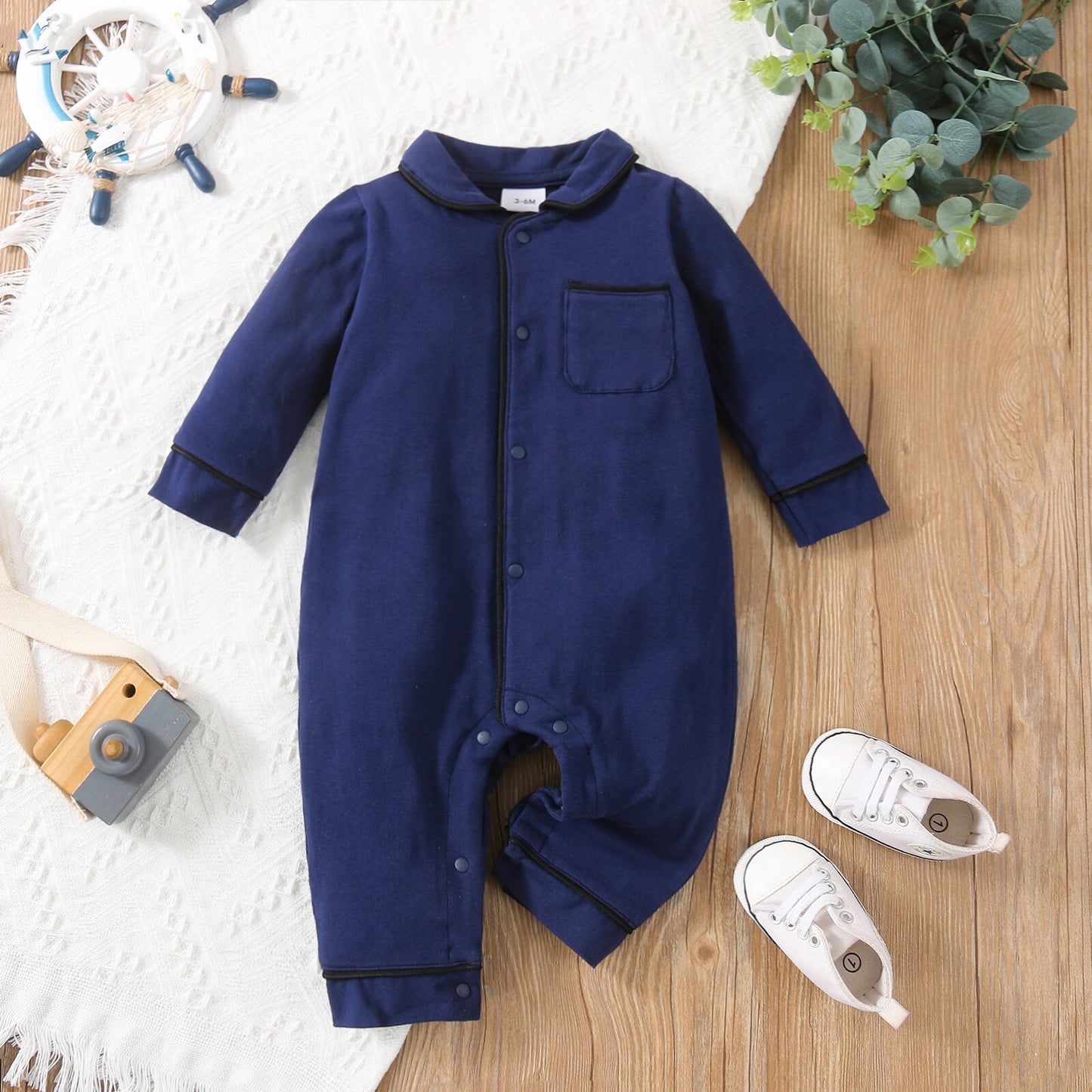 PatPat New Spring Autumn Baby Boy Girl Newborn Cotton Solid Polo Collar Cardigan Pocket Design Long-sleeve Jumpsuit