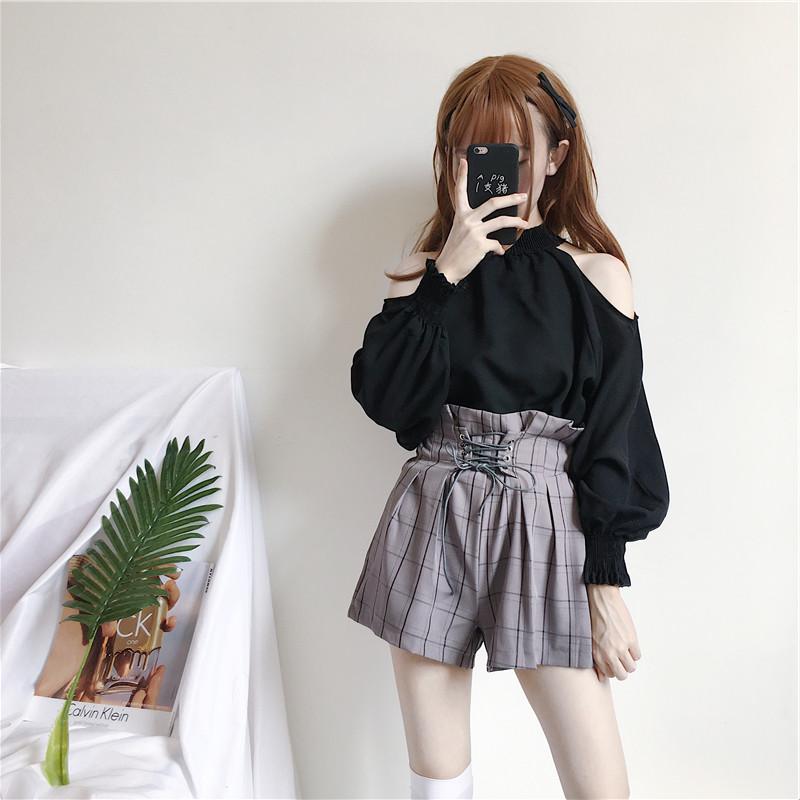 HELIAR 2022 Spring Women Plaid Shorts Elastic Waist Drawstring Wide Leg Shorts With Saches High Waist Shorts For Women