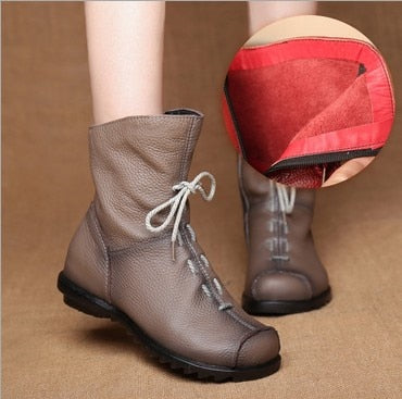 JIANBUDAN/ Genuine Leather Plush women&#39;s short Boots Retro Casual Autumn Winter Women&#39;s Boots Waterproof leather warm Snow boots