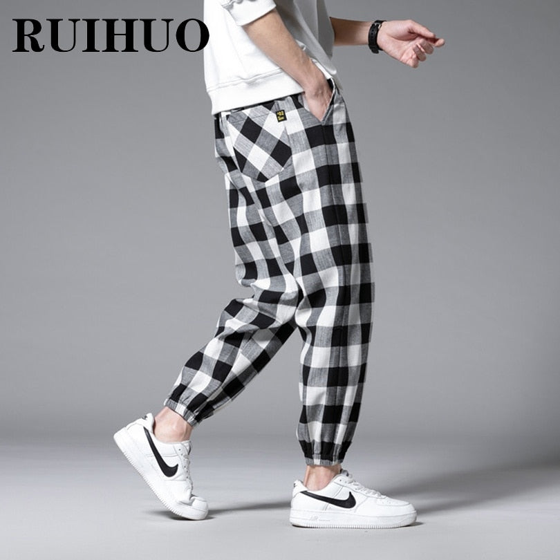 RUIHUO Ankle-Length Plaid Harem Pants Men Clothing Joggers Men Pants Trousers Japanese Fashion Grey Sweatpants M-3XL 2022