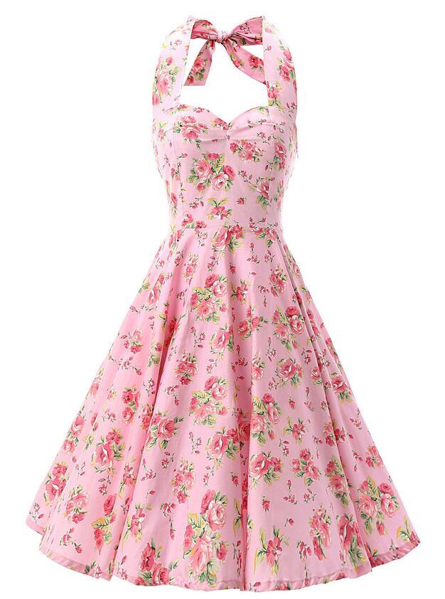 Women Red Cherry Party Dress Vintage 50s Rockabilly Hepburn Dress 2022 Elegant Summer Strapless Swing Retro Halter Pin up Dress