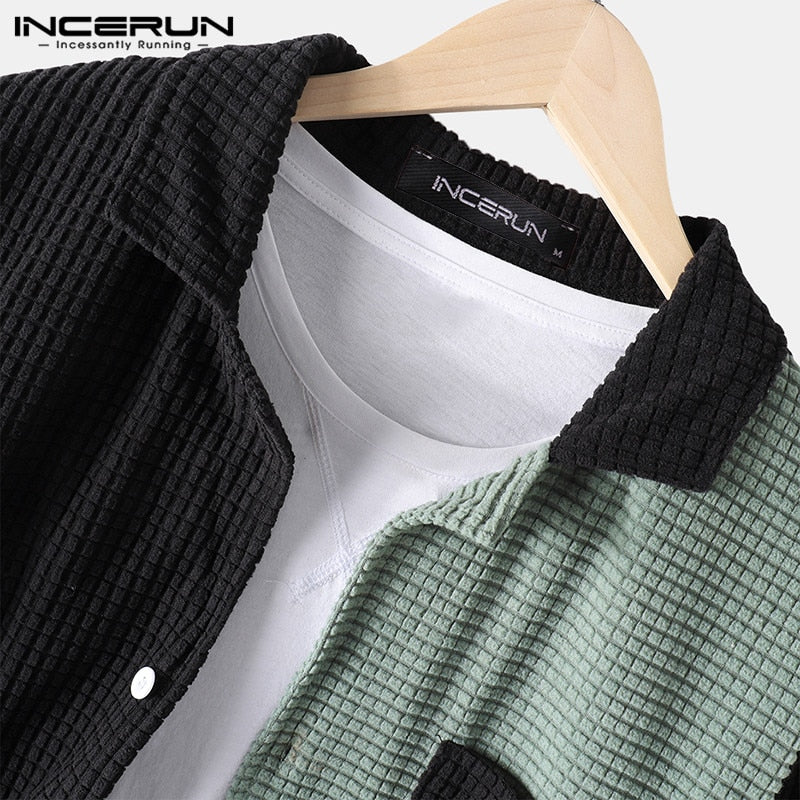 INCERUN Men Shirt Patchwork 2022 Turn Down Collar Long Sleeve Chic Blouse Streetwear Button Casual Camisas Hombre Men Clothing 7