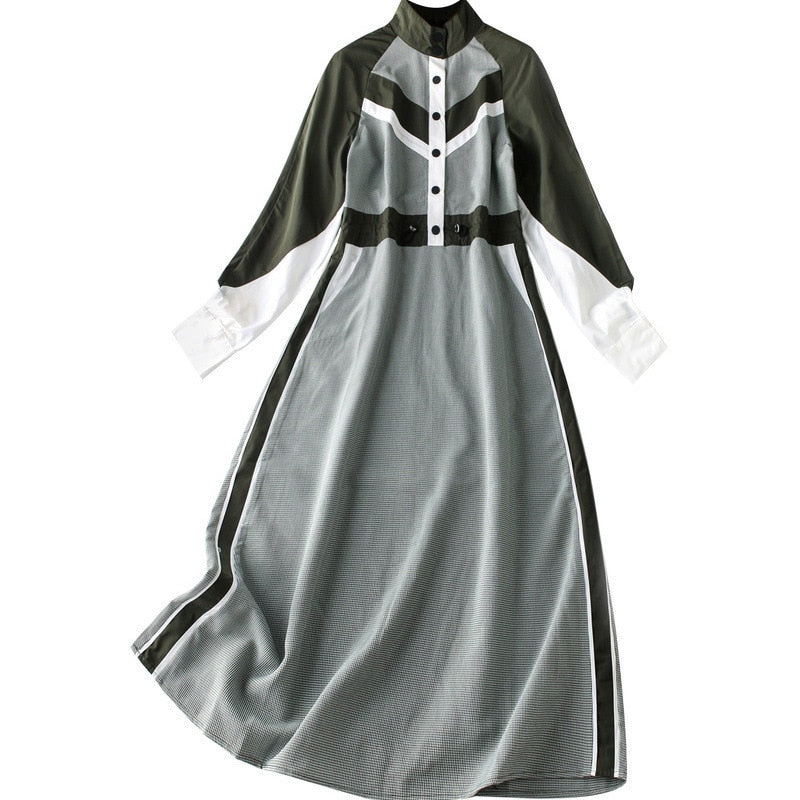 Fashion mosaic dress autumn 2019 stand collar single-breasted mid-length houndstooth A-line dresses