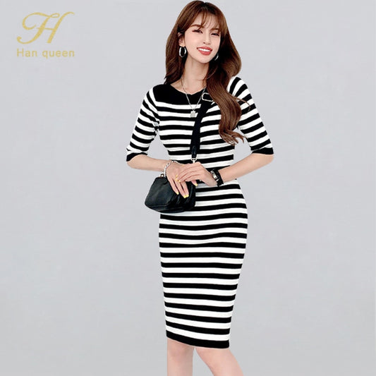 H Han Queen Vintage Striped Autumn Dresses Women Knitted Pencil Dress Elegant Korean Simple O-neck Bodycon Work Office Vestidos