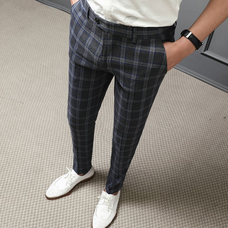 2020 Spring Business Dress Pants Men Classic Plaid Suit Pants Casual Slim Fit Office Social Streetwear Trousers Pantalon Homme