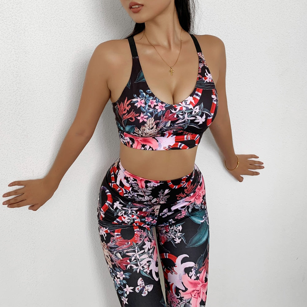 Yoga Gym Set Women 2 Piece Set Fitness Women Sport Set Workout Clothes For Women Floral Print Sports Suits Women Gym Clothing