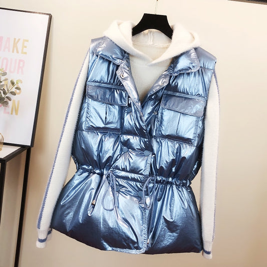 2022Spring Vest Women New Winter Waistcoat Draw Rope Down Cotton Vest Women Wear Loose Korean Bright Face Cotton-padded Feminino