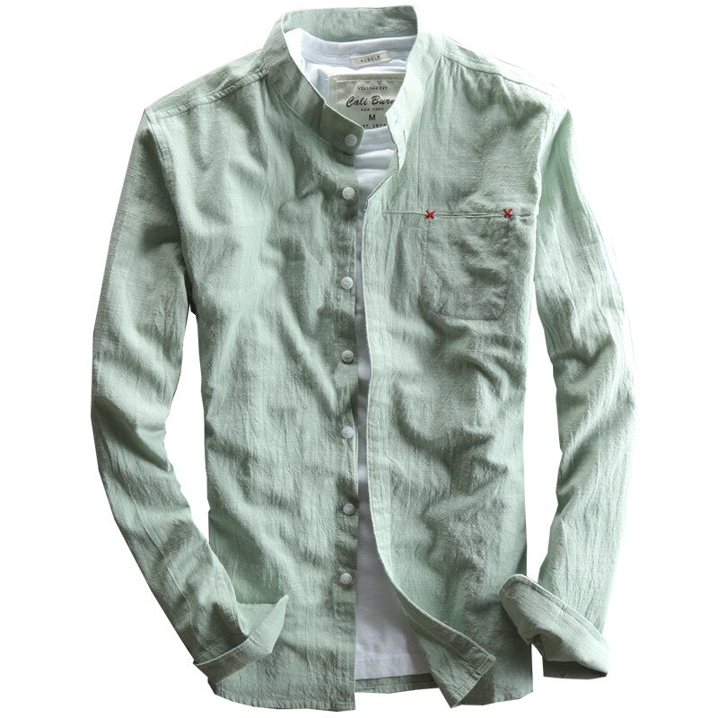 Men&#39;s Spring Japan Style Harajuku Linen Cotton Stand Collar Long Sleeve Slim Fit Solid Color Male Casual Classical Shirt Cloth