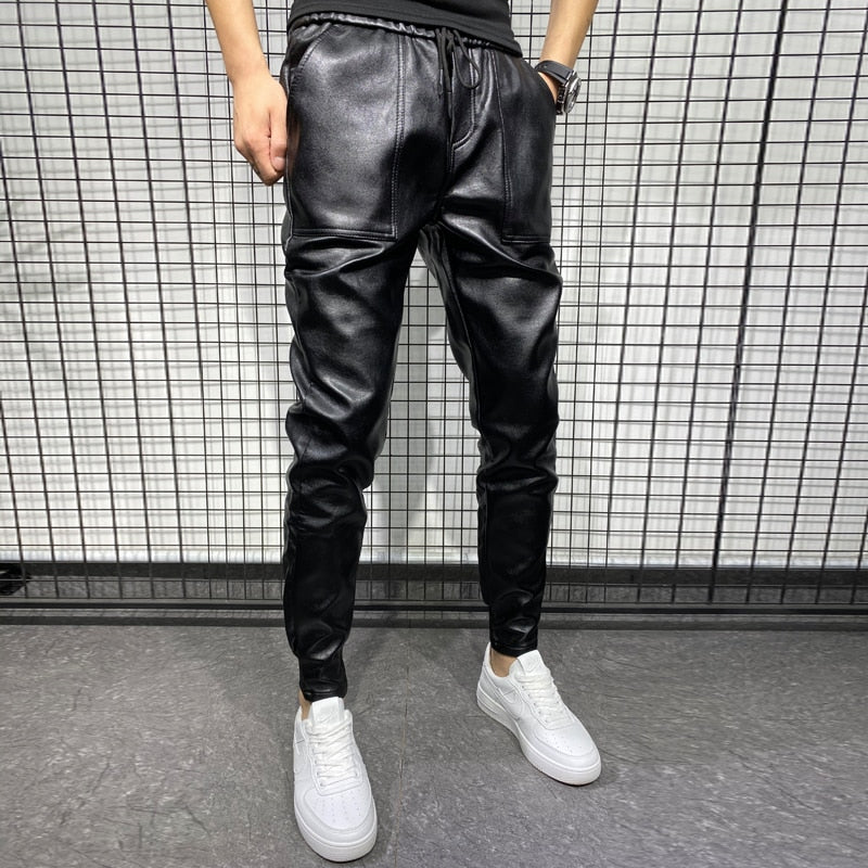 New Winter Thick Warm PU Leather Pants Men Clothing 2022 Simple Big Pocket Windproof Casual Motorcycle Trousers Black Plus Size