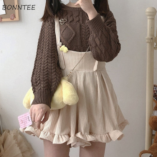 Solid Corduroy Playsuits Women Ruffles Loose Spring Korean Style Ulzzang Kawaii Harajuku Leisure Soft Female Rompers Popular Ins