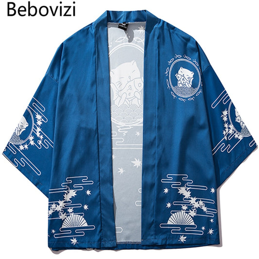 Bebovizi Japan Style Cat Printed Thin Kimono Men Japanese Streetwear Blue Jackets Casual Outerwear 2021