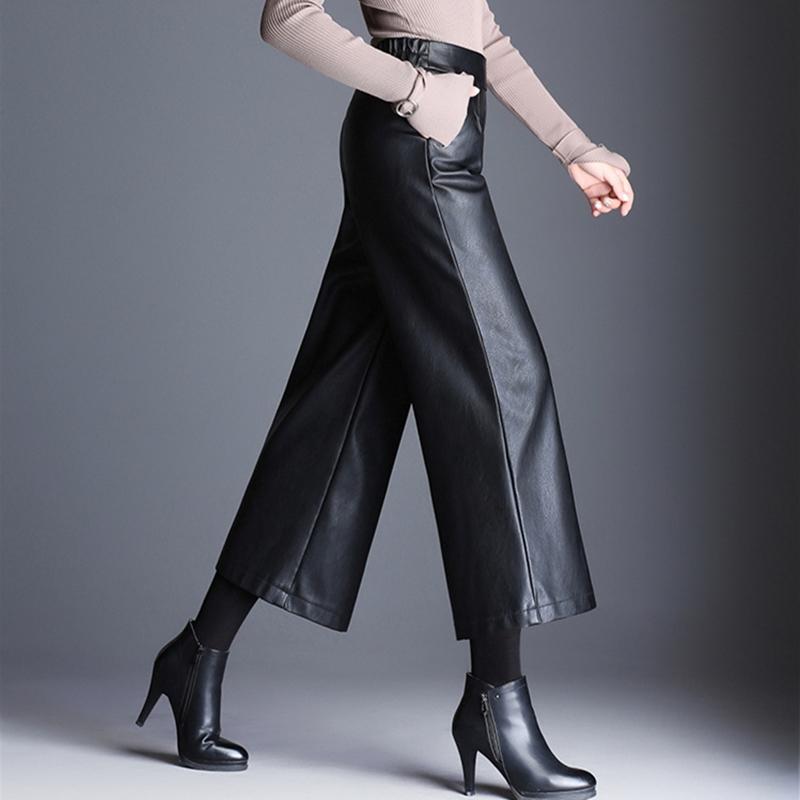 Oversized High Waist Pu Wide Leg Ankle-length Pants Women Baggy Black Shiny Faux Leather Womens Loose Pant 2022 Korean Trousers
