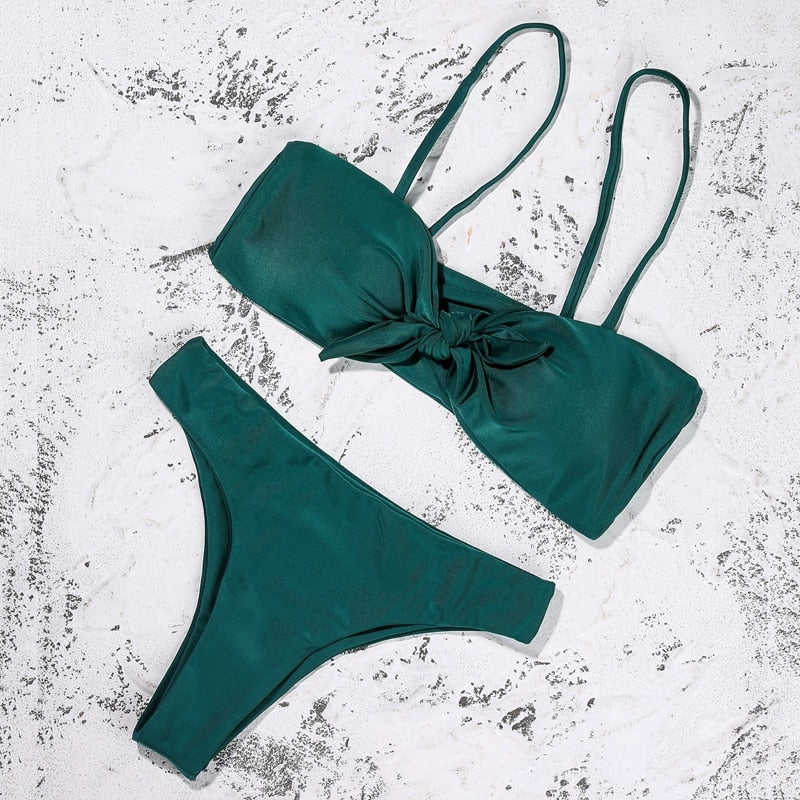 ZTVitality Sexy Solid Bow Bikinis Push Up Bikini 2021 Straps Padded Low Waist Swimsuit Bandage Swimwear Women Brazilian Biquini