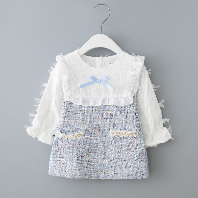 Girls Dress New Autumn England Style Girls Clothing Long Sleeve Plaid Children Clothes Kids Dress with Pearls 0-2Y