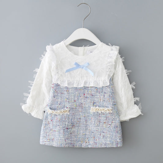 Girls Dress New Autumn England Style Girls Clothing Long Sleeve Plaid Children Clothes Kids Dress with Pearls 0-2Y