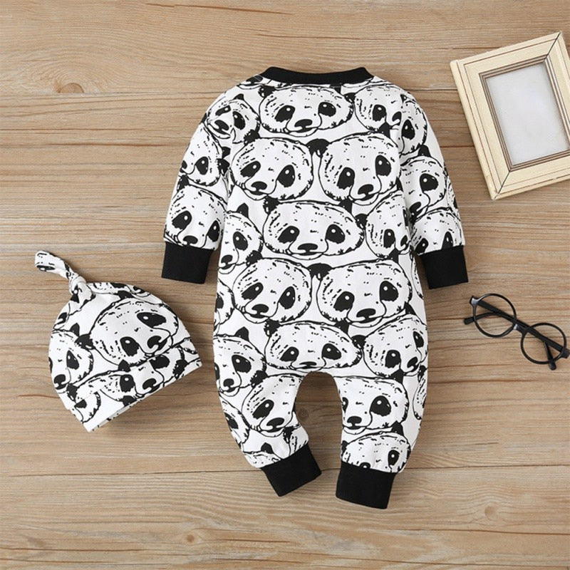 Newborn 2Pcs Baby Boys Rompers Cartoon Panda Pattern Long Sleeve Jumpsuit and Hat Infant  Boy Clothing Autumn Toddler Clothes