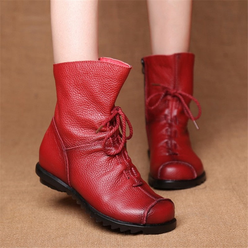 JIANBUDAN/ Genuine Leather Plush women&#39;s short Boots Retro Casual Autumn Winter Women&#39;s Boots Waterproof leather warm Snow boots