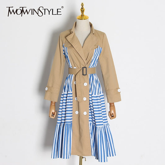 TWOTWINSTYLE Casual Patchwork Striped Trench Coat Female Lapel Collar Long Sleeve High Waist Lace Up Windbreaker Women 2022