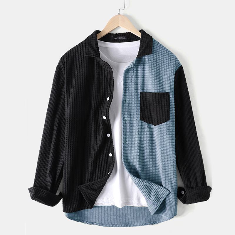 INCERUN Men Shirt Patchwork 2022 Turn Down Collar Long Sleeve Chic Blouse Streetwear Button Casual Camisas Hombre Men Clothing 7