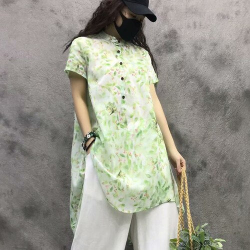 Summer 2019 women's new vintage ramie digital printing short sleeve T-shirt women's irregular long jacket women