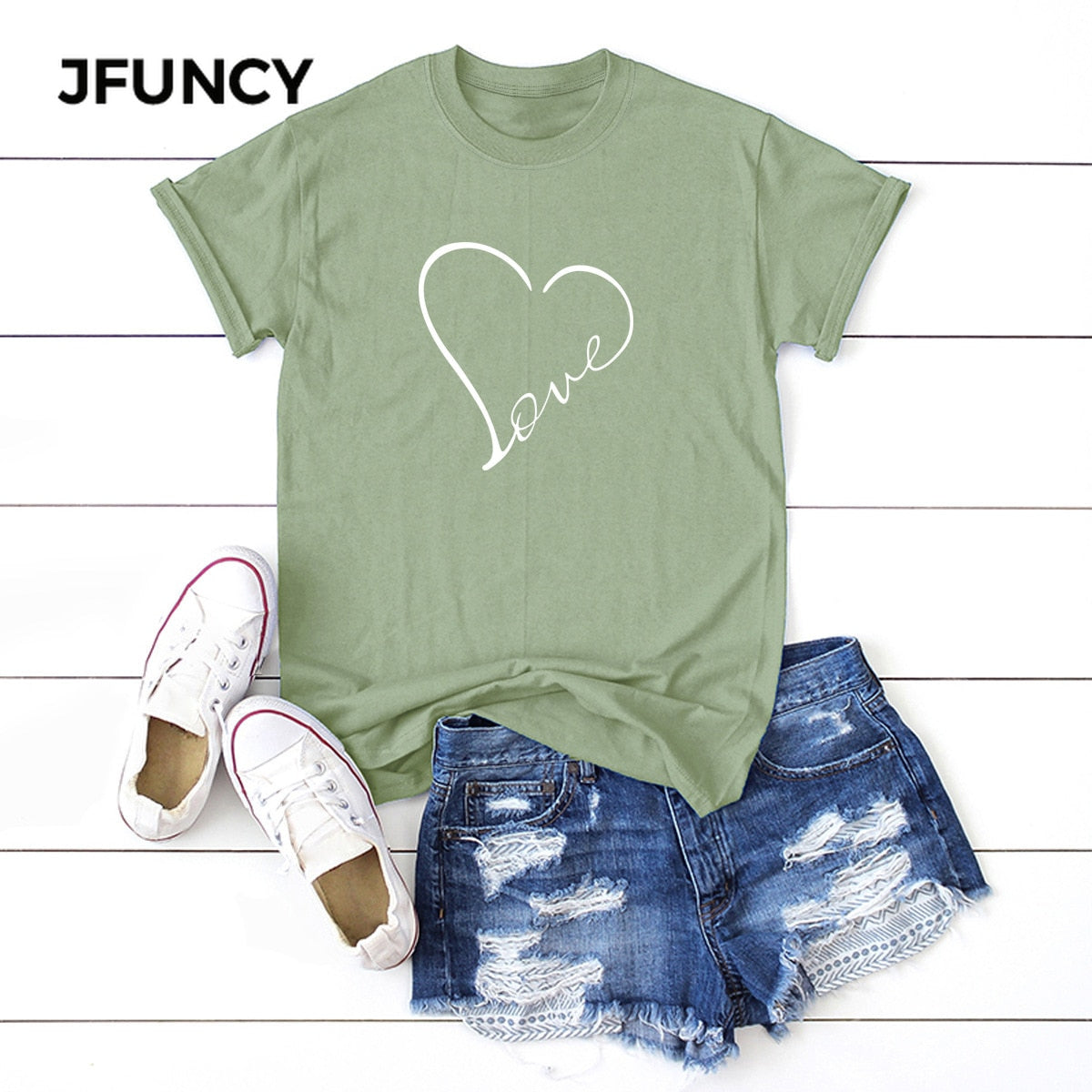 JFUNCY Cotton T-shirt Women Love Print T-shirts Women&#39;s S-5XL Kawaii Harajuku Female Shirts Top Clothes Camiseta Mujer