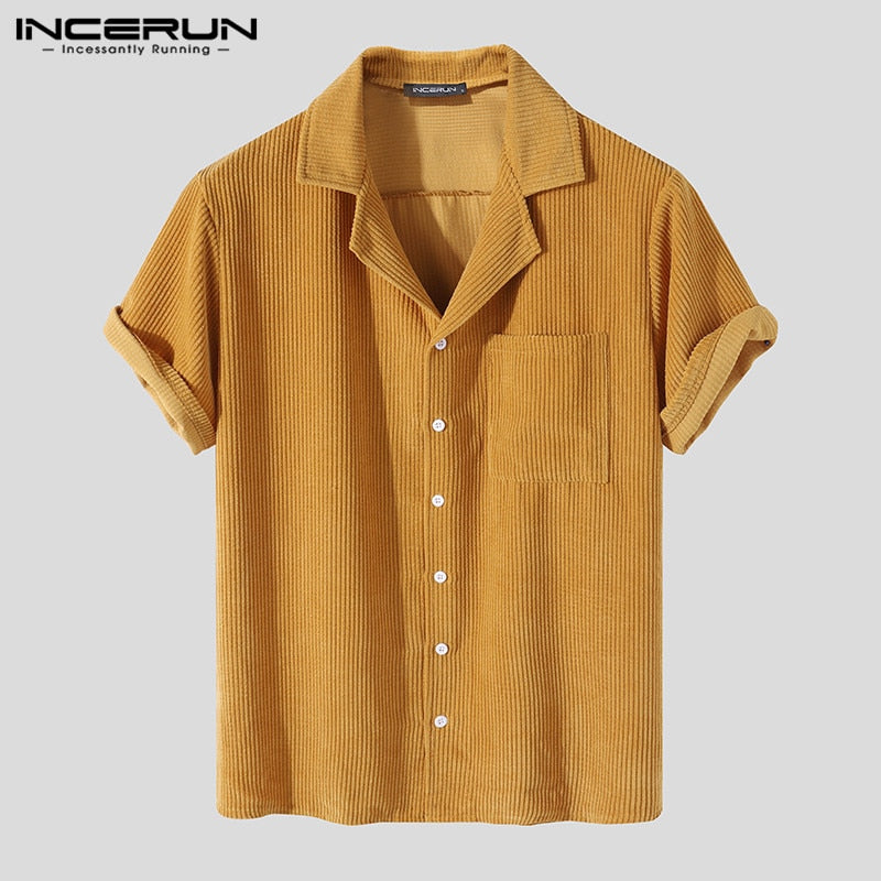 Men Fashion Solid Sets INCERUN Short Sleeve Lapel Shirts Drawstring Shorts Suits Leisure Curduroy Suits Vinatge Mens Sets S-5XL