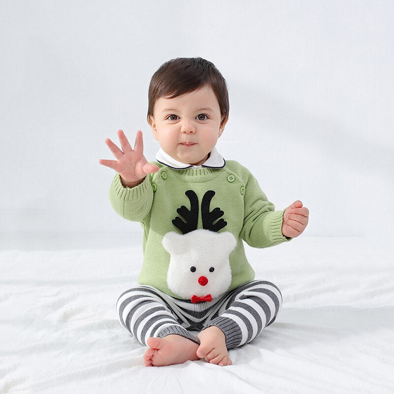 2022 New Autumn Winter Boutique Baby Clothing Sets Lovely Cartoon Pullover Sweater+Striped Pants Infant Boys Girls Sweater Suit