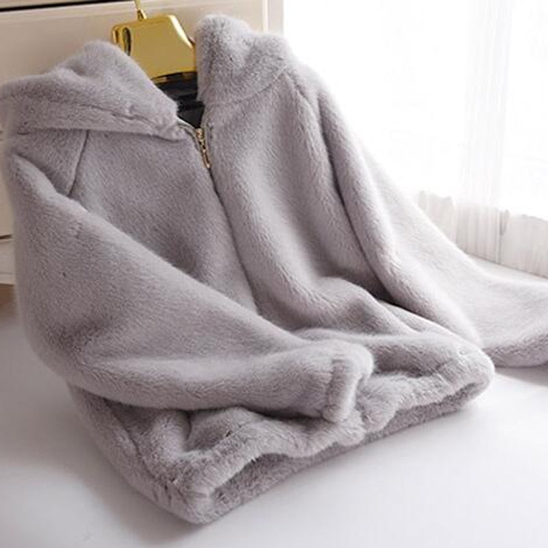 Rabbit imitation fur winter grass mink faux fur coat ladies artificial fur hooded soft plus size 2021 women&#39;s jacket red,4XL,5xl