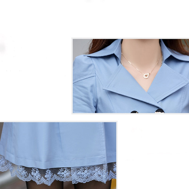 Women&#39;s Coat Spring 2022 Streetwear Trench Overcoat Turn-down Collar Slim Fit Double Breasted Lace Long Female Jacket Clothes