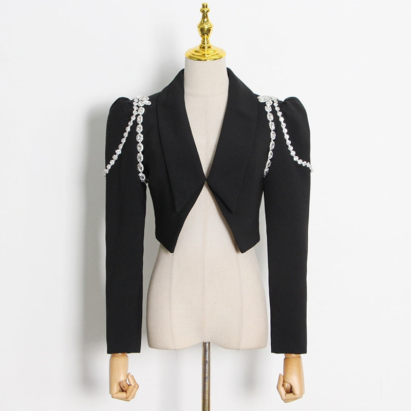 TWOTWINSTYLE Patchwork Diamonds Two Piece Set For Women Puff Sleeves Crop Top Blazer High Waist Skirts Female 2021 Summer New