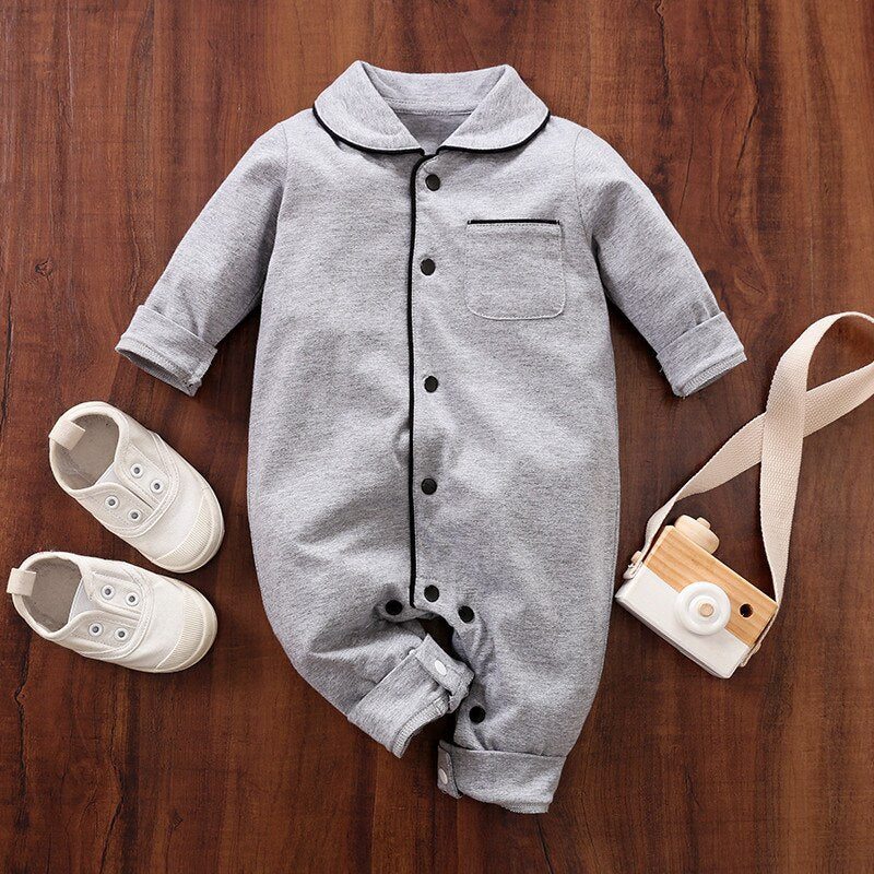 PatPat New Spring Autumn Baby Boy Girl Newborn Cotton Solid Polo Collar Cardigan Pocket Design Long-sleeve Jumpsuit