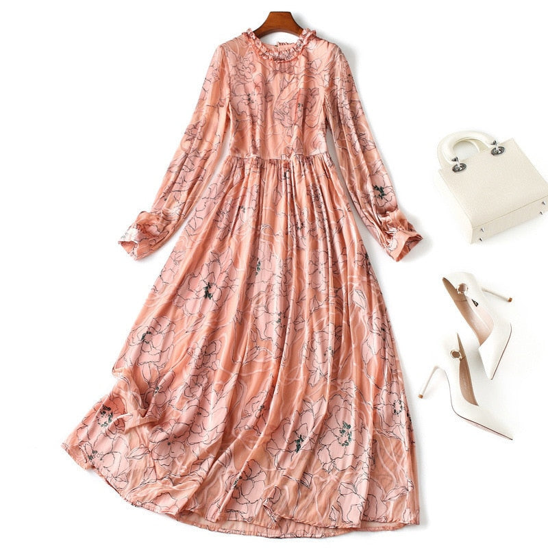 silk dress autumn 2019 new stitching lace dress long sleeve print fit and flare long dresses
