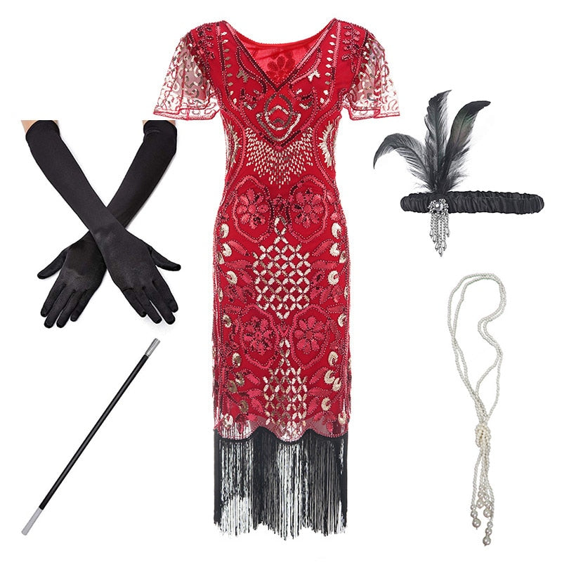 1920s Flapper Roaring Plus  Size 20s Great Gatsby Fringed Sequin Beaded Dress and Embellished Art Deco Dress Accessories XXXL