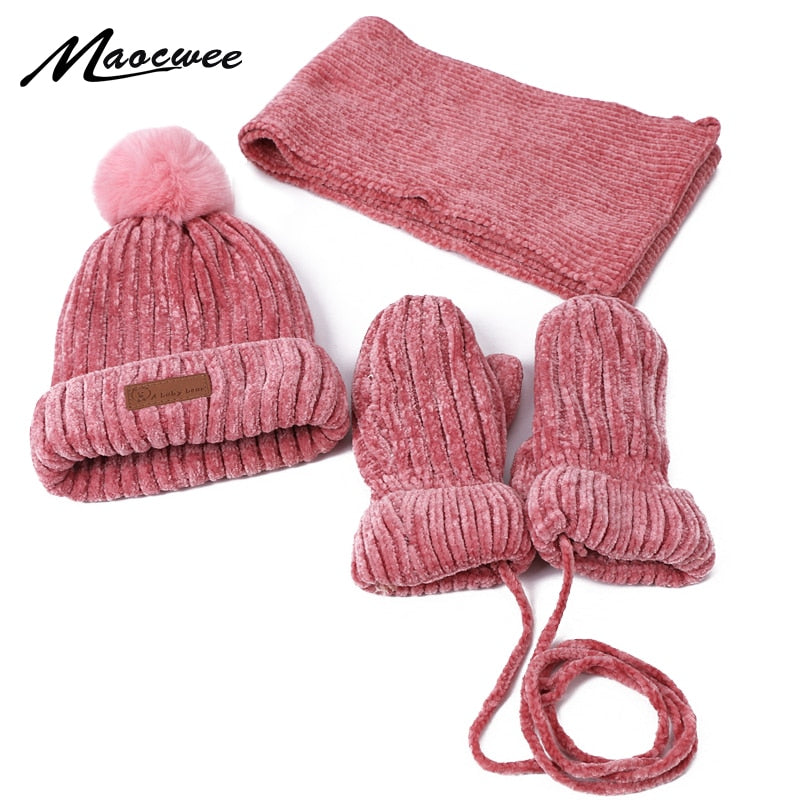Three-piece Hats Scarf Gloves Set Children Hat Winter Warm Mitten PomPon Knitted Hat Autumn Winter Gilr And Boy Cap Fashion Sets
