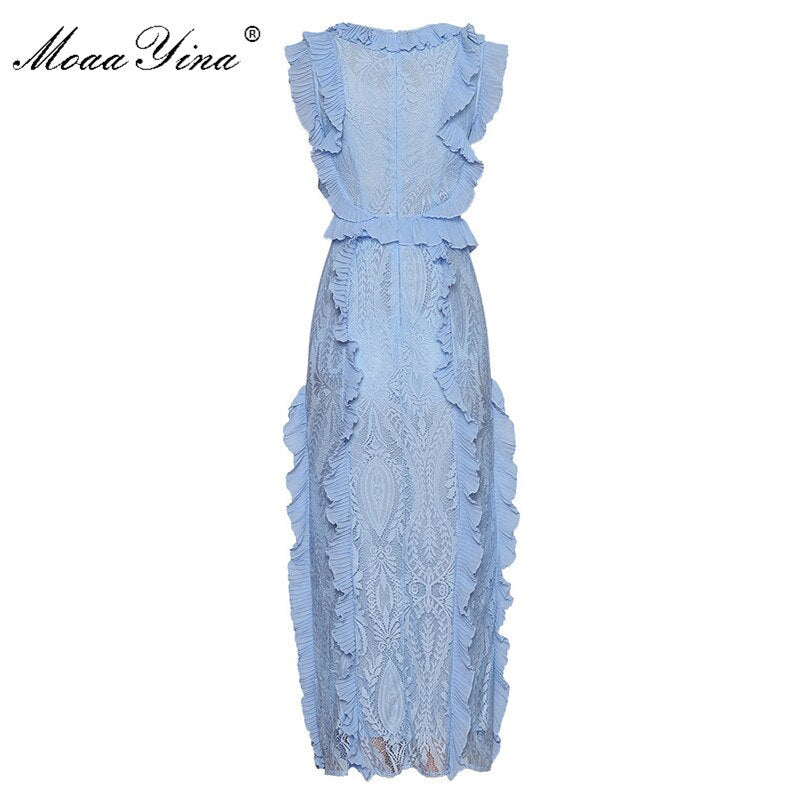 MoaaYina Fashion Designer dress Spring Summer Women&#39;s Dress Sleeveless Lace Patchwork Ruffles Elegant Party Slim Dresses