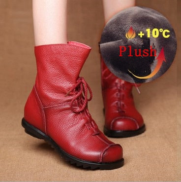 JIANBUDAN/ Genuine Leather Plush women&#39;s short Boots Retro Casual Autumn Winter Women&#39;s Boots Waterproof leather warm Snow boots