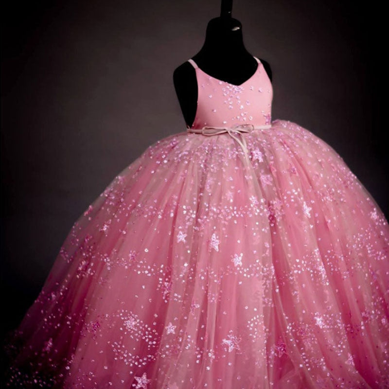 Kids Wedding Party Dresses for Girls Children Sequins Ball Gowns Pink Black Sundress Baby Infant 1 year girl baby birthday dress