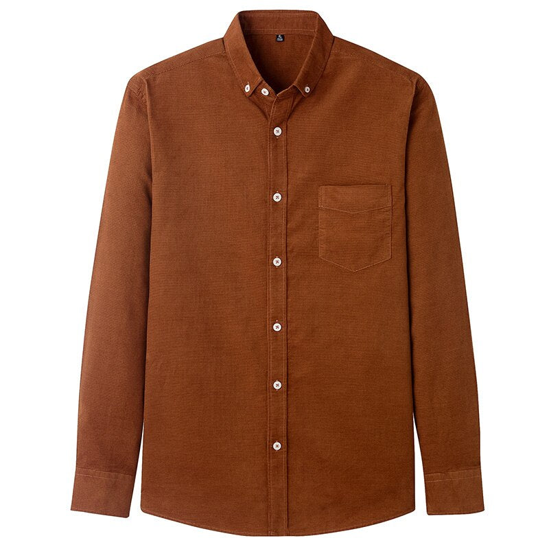 Casual Pure Cotton Corduroy Men Shirt Long Sleeve Brown Thick Winter XXL Regular Fit New Model Male Button Down Blouse