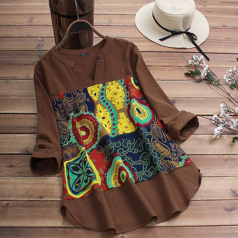 2022 ZANZEA Casual Cotton Blouse Women V Neck Long Sleeve Tunic Tops Autumn Vintage Printed Patchwork Loose Shirts Female Blusas
