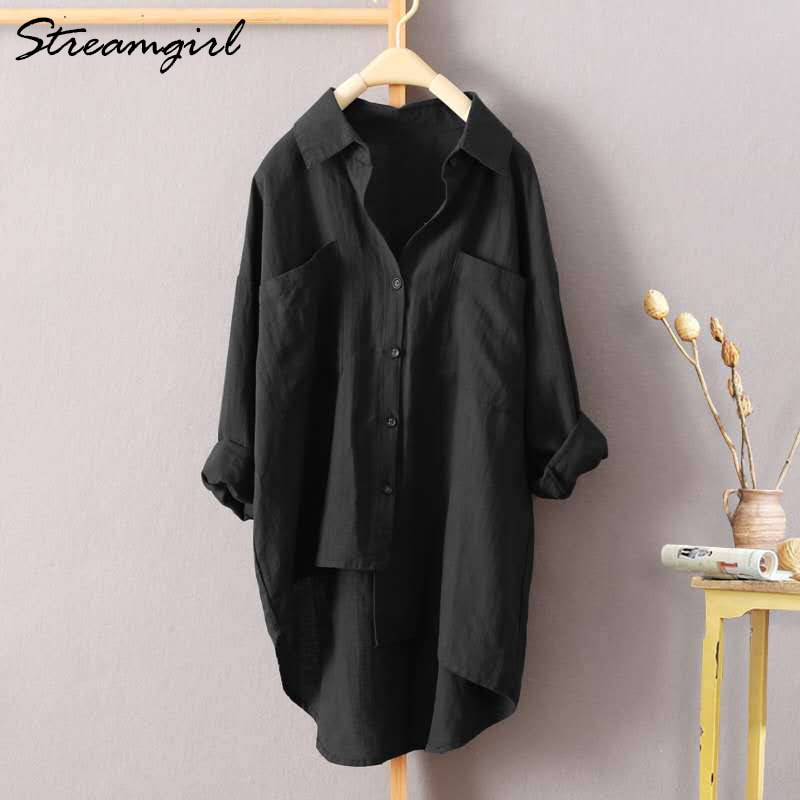 White Linen Shirt Women Long Sleeve Autumn Work Wear White Shirt Linen Blouse Female Women's Blouse Women's Shirts With Pocket