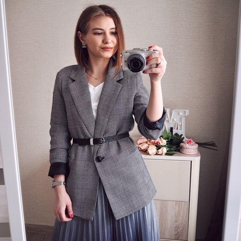 Queechalle 2021 Autumn Suit Blazers Women Office Lady Casual Plaid Blazer Jackets Women&#39;s Elegant Notched Formal Blazer Feminino