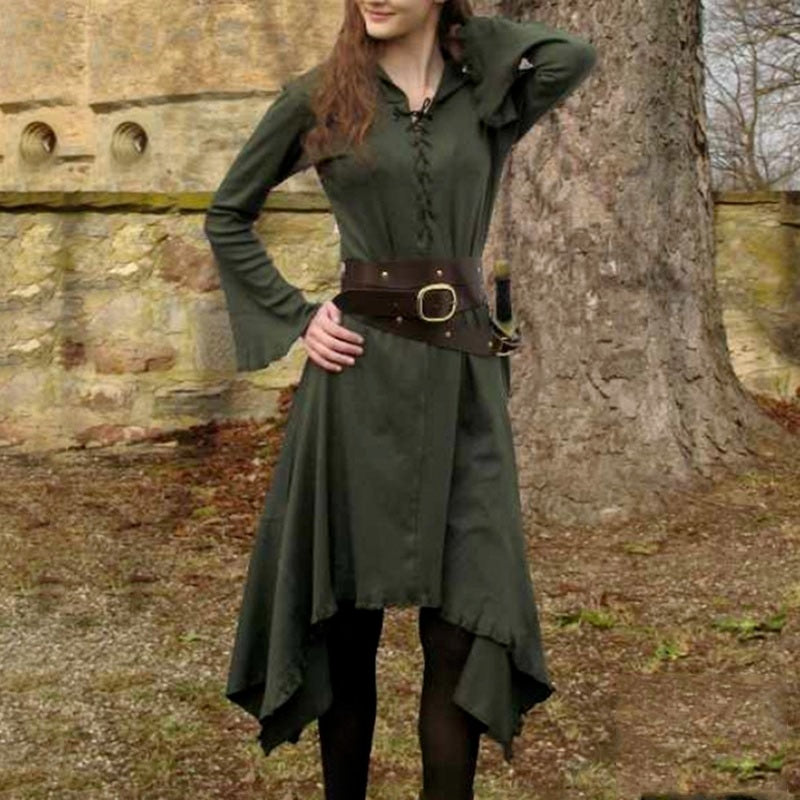 Vintage Dress for Women Solid V-neck Long Sleeve Mid-calf Length Gothic Dresses Medieval Ladies Cosplay Costume Without Belt
