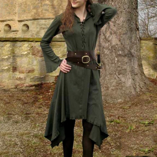 Vintage Dress for Women Solid V-neck Long Sleeve Mid-calf Length Gothic Dresses Medieval Ladies Cosplay Costume Without Belt