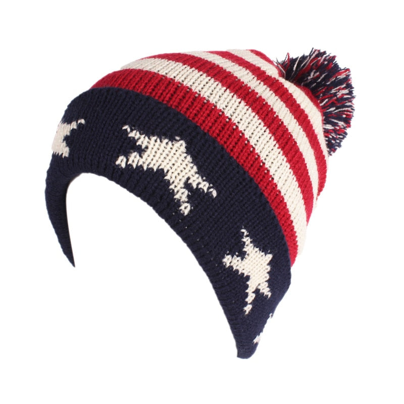 Winter Vintage Stars Stripe Knit USA Flag Beanie Skull Ski Pom Pom Hat Cap wool winter warm knitted caps and hats