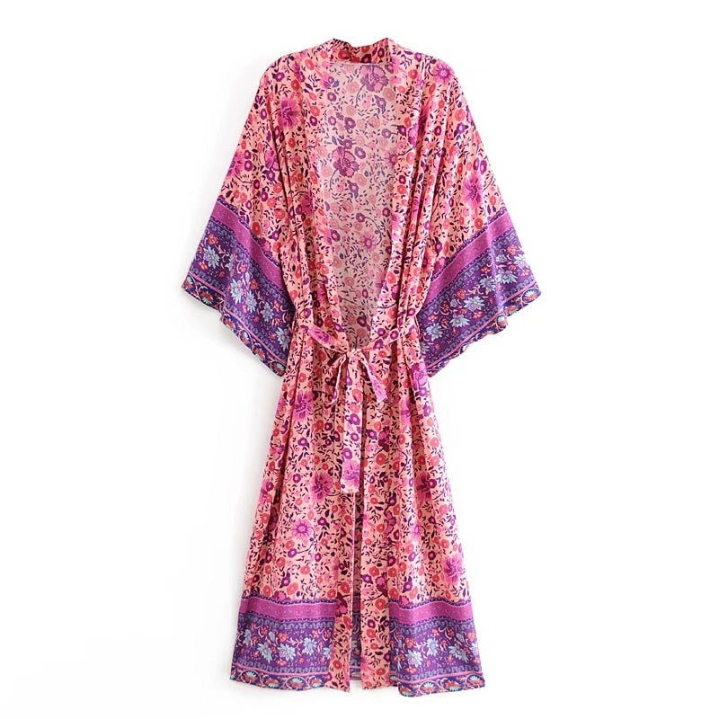 2020 BOHO Fuchsia Floral Print Long Kimono Shirt Hippie Women Lacing up Tie Bow Sashes Long Cardigan Loose Blouse Tops Holiday