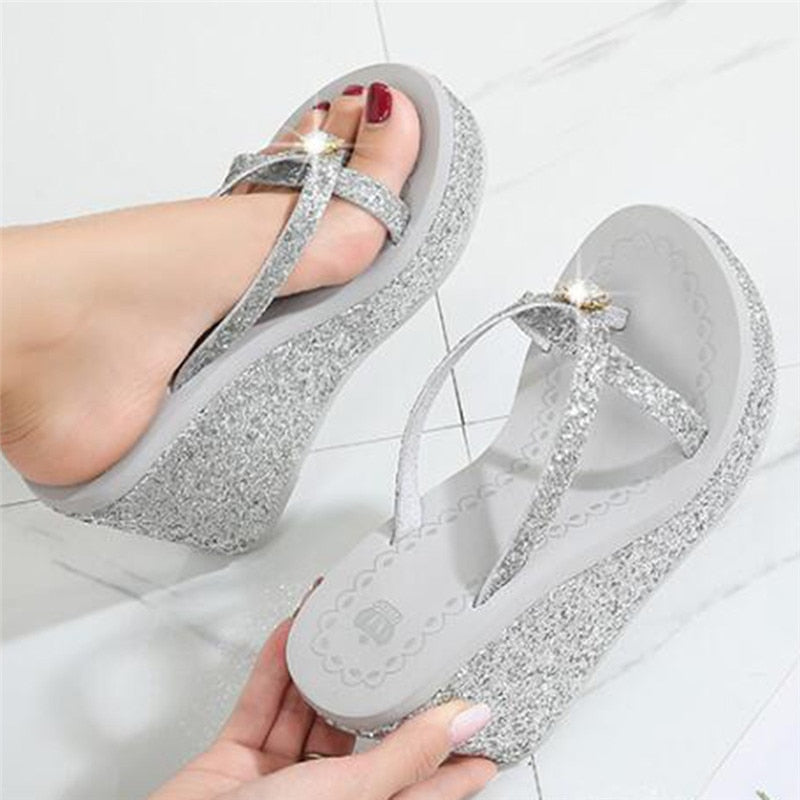 TIMETANGSummer platform women shoes beach sandals rhinestones sequins slope with flip flops breathable shiny wedges women
