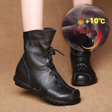 JIANBUDAN/ Genuine Leather Plush women&#39;s short Boots Retro Casual Autumn Winter Women&#39;s Boots Waterproof leather warm Snow boots