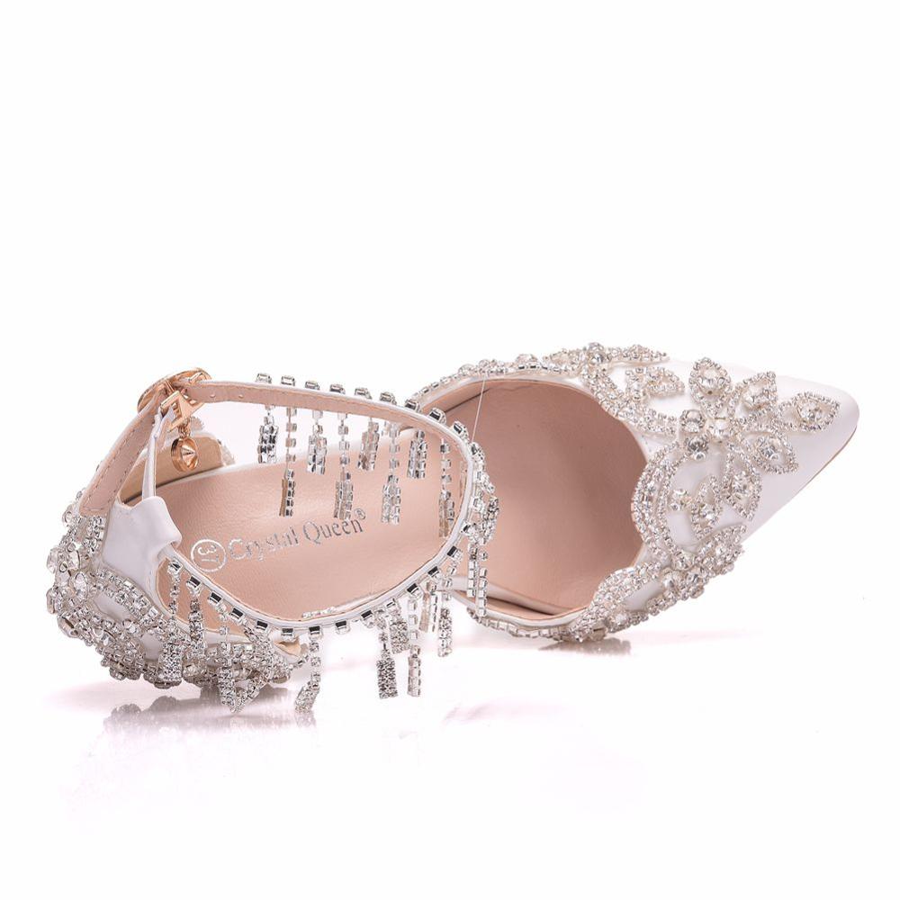 Crystal Queen Women White Tassel Wristband Wedding Shoes Bride High Heels Sandals Female Dress Pumps