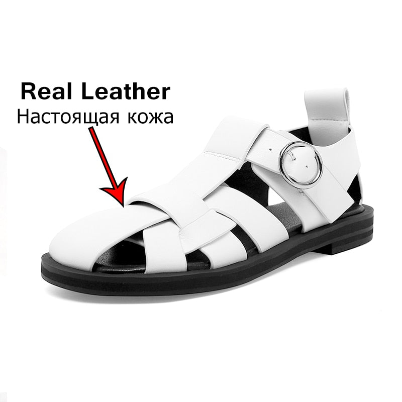 TAOFFEN 2022 New Women Real Leather Shoes Summer Sandals Buckle Strap Hollow Out Beach Sandals Cool Ladies Footwear Size 34-42