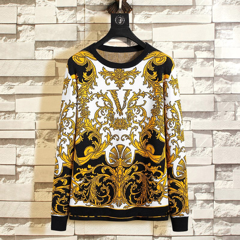 New Arrivals Men's Fashion Gold Floral Knitwear Winter Men's Clothing Crew Neck Long Sleeve Sweater for Men